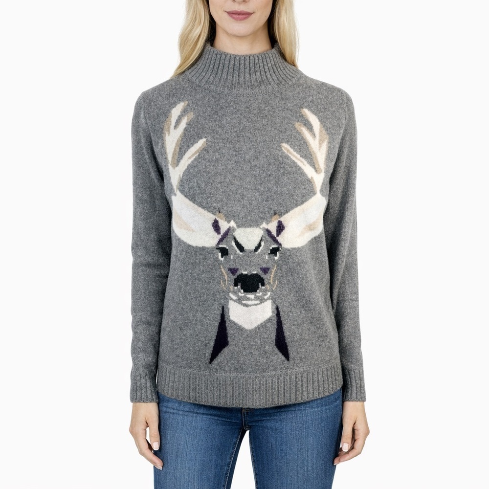 Lisa Todd Mock Turtleneck Sweater 100% Cashmere Intarsia Deer Gray Size XS